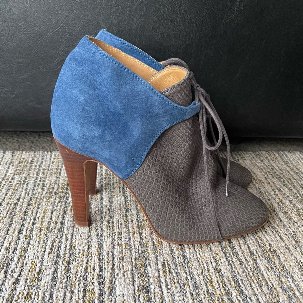 Sezane French blue suede and grey boots high heels shoes
